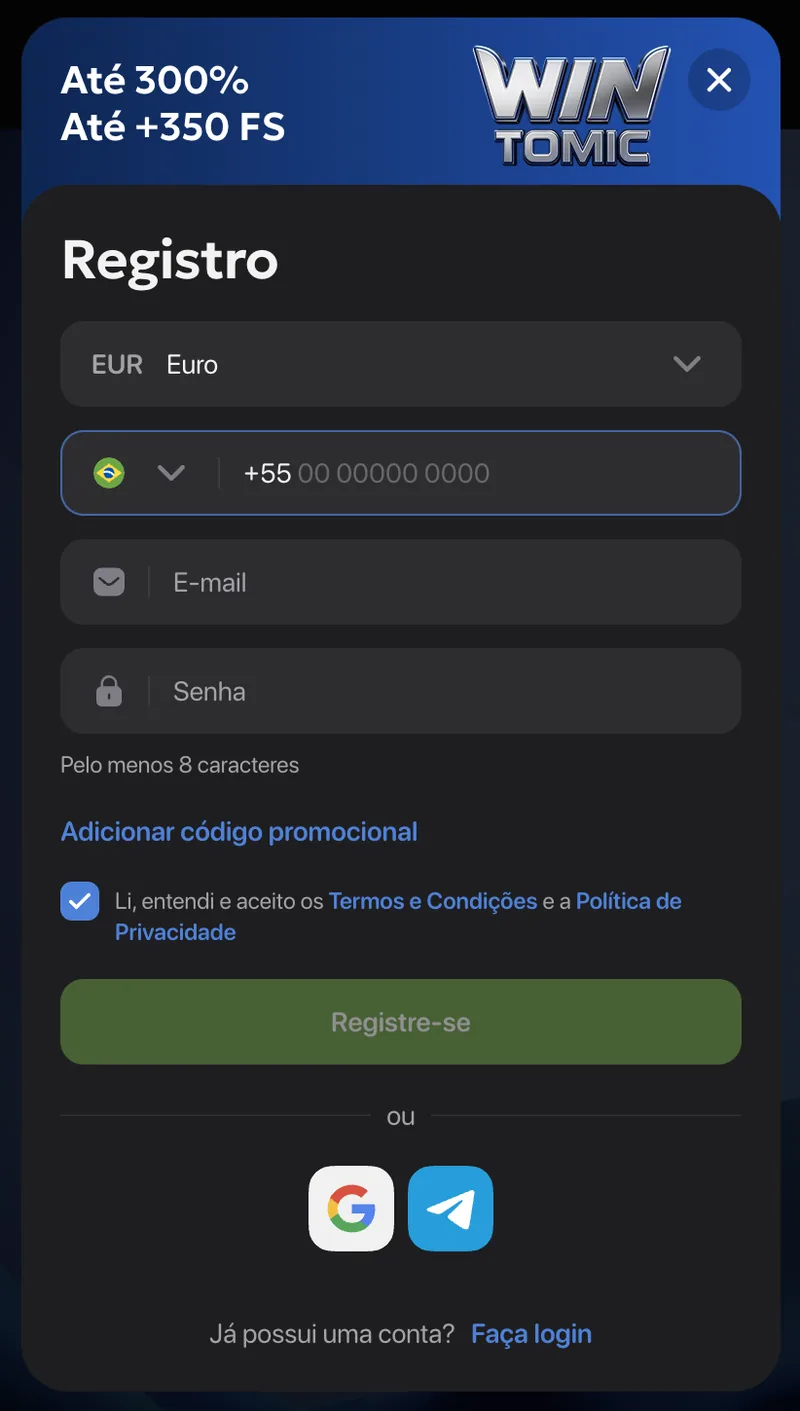 Wintomic registration form with a +55 phone number, email, password and promo code field