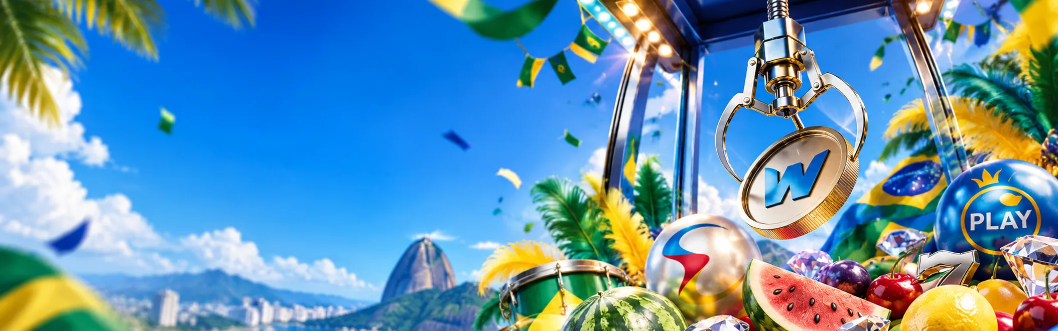 Claw machine holding a Wintomic coin with slot fruits and Sugarloaf Mountain in the background